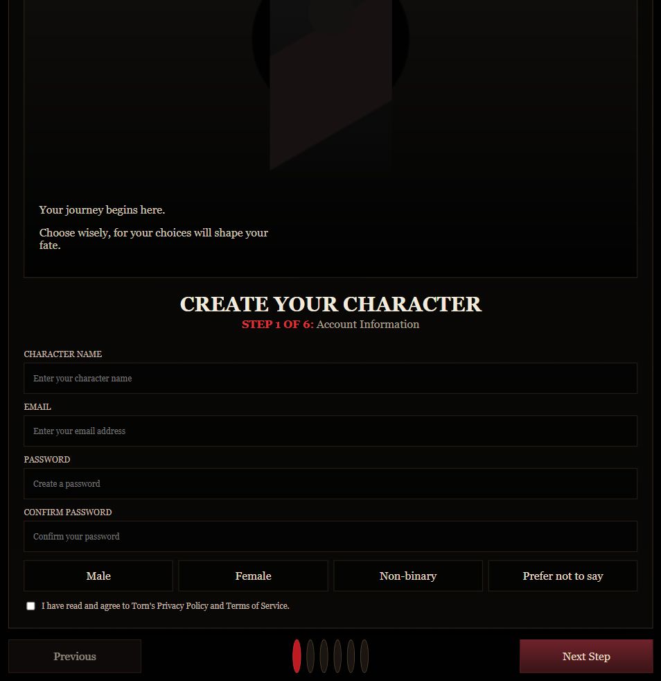 Character creation board preview.