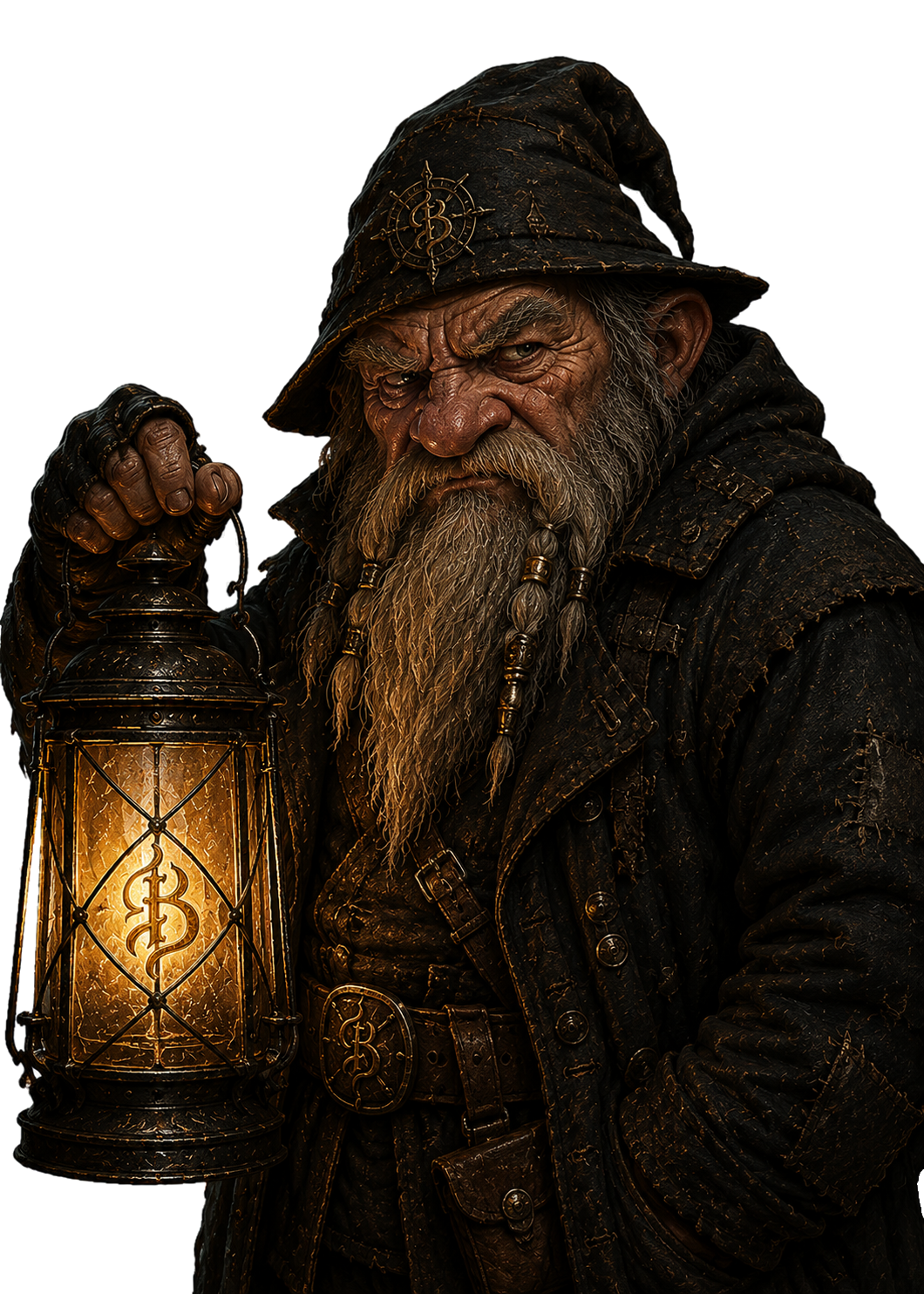 Old Ash holding a lantern.